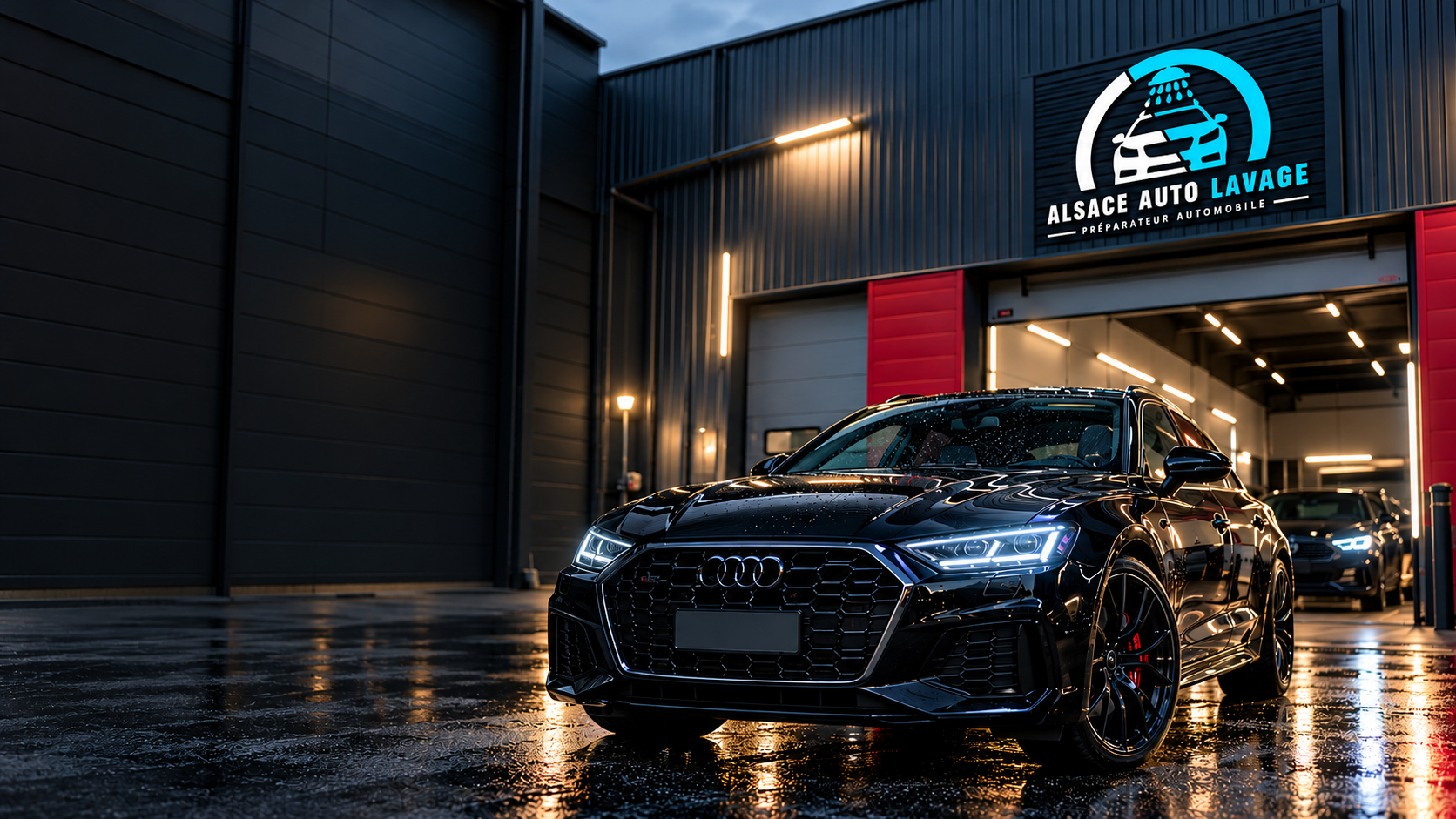 Audi noire devant l'atelier Alsace Auto Lavage